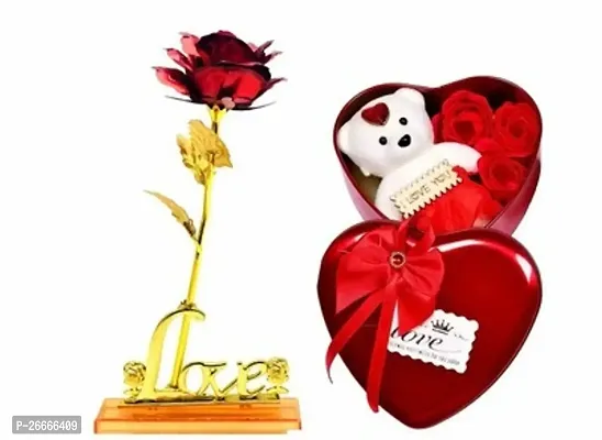 Heart Shape Floral Toy Box Artificial Love Flower Gold And Red Valentine Gift Couple Hubby Wifey Husband Wife Mr And Miss Surprise Gift Set, Decorations