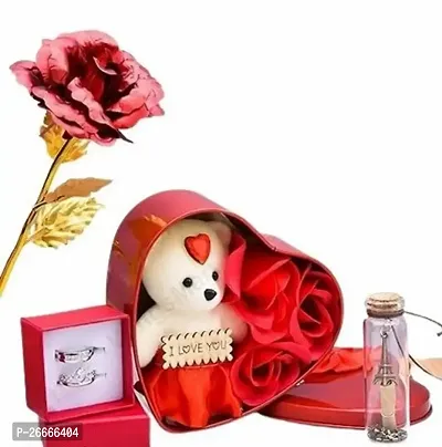 Valentine Gift For Boyfriend Girlfriend Husband Wife Girls Boys Lovers-Valentine Special Romantic Heart Shape Teddy Box With Artificial Rose And King Queen Couple Ring, Msg Pill