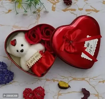 Heart Shaped Valentine Day Gift Box With I Love You Message, White Teddy Bear, And 3 Red Roses Gift For Husband, Wife, Girlfriend, Boyfriend- Suitable For Valentine Day, Anniversary-thumb0