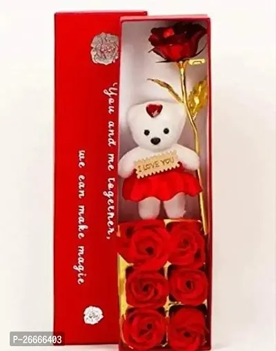 Valentine Gift For Gf, Boyfriend, Wife, Husband, Artificial Rose And Scented Soap Rose Flowers, Teddy (Red 1 Rose, 6 Scented Red Rose Flowers With 1 Teddy Gift Pack)