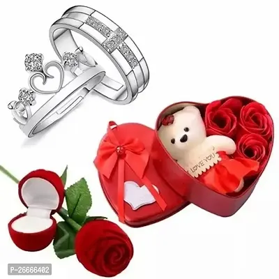 Ring With Artificial Red Rose And Soft Teddy Bear Box For Girlfriend, Wife, Lovers Romantic Gift For Valentine Day Combo Set