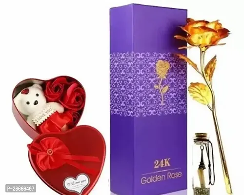 Artificial Rose Flower With Heart Shape Soft Toy Box And Message Bottle (Golden)