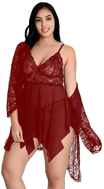 Love Maker | Net Lace Spandex Lycra Women Babydoll Lingeire Nighty 2 Piece in Black, Red, Maroon Color | Lingerie Baby Doll for Women, Short Transparent Nighty for Honeymoon.