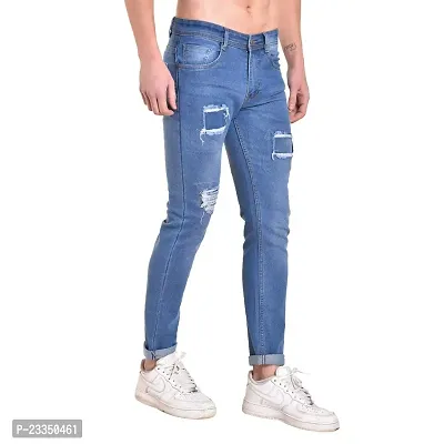 Mark Tailor Men's Light Blue Solid Curved Pocket Denim Rough Jeans-thumb3