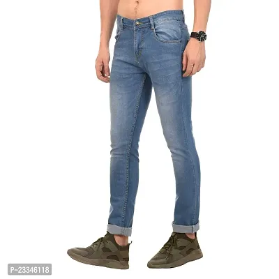 JINJLR Men's Blue Solid Light Fade  Clean Look Curved Pocket Denim Jeans-thumb4