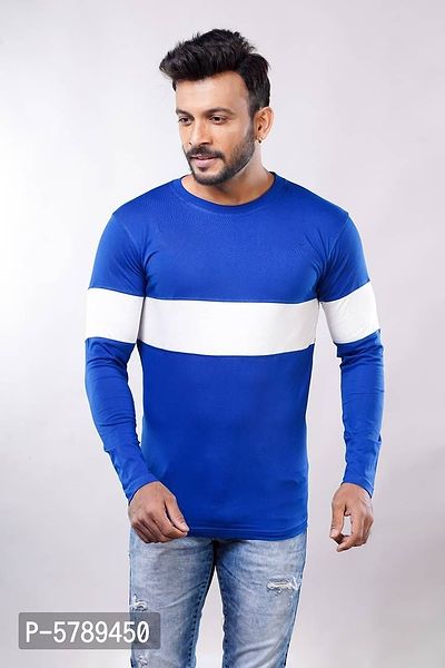 Trendy Blue Cotton Self Pattern Round Neck Tees For Men-thumb0