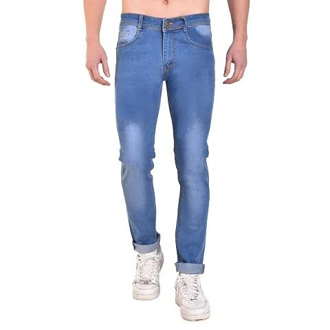 Mens Cotton Spandex Faded Regular Fit Mid-Rise Jeans