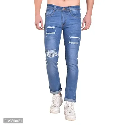 Mark Tailor Men's Light Blue Solid Curved Pocket Denim Rough Jeans-thumb0