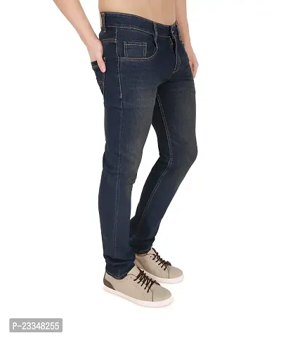 JINJLR Men's Navy Blue Solid Light Fade  Clean Look Curved Pocket Denim Jeans-thumb3