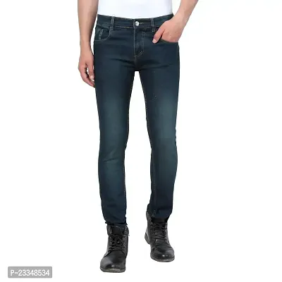 JINJLR Men's Blue Solid Light Fade  Clean Look Curved Pocket Denim Jeans