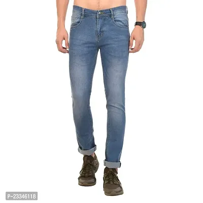JINJLR Men's Blue Solid Light Fade  Clean Look Curved Pocket Denim Jeans-thumb0