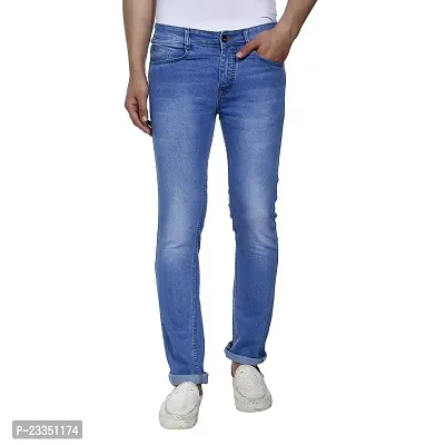 JINJLR Men's Blue Solid Light Fade  Clean Look Curved Pocket Denim Jeans