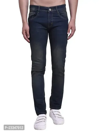 JINJLR Men's Navy Blue Solid Light Fade  Clean Look Curved Pocket Denim Jeans