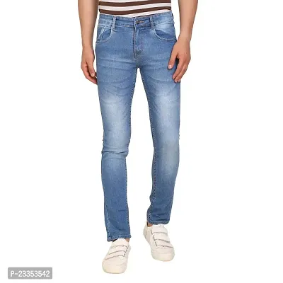 JINJLR Men's Light Blue Solid Light Fade  Clean Look Curved Pocket Denim Jeans