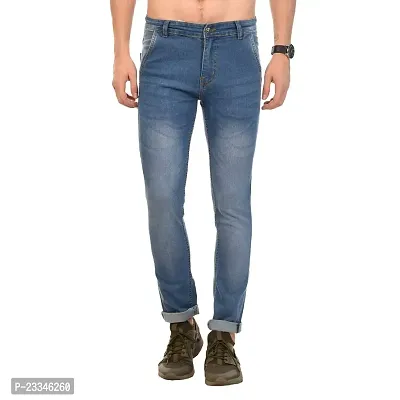 JINJLR Men's Blue Solid Light Fade  Clean Look Cross Pocket Denim Jeans-thumb0