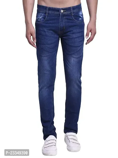 JINJLR Men's Blue Solid Light Fade  Clean Look Curved Pocket Denim Jeans