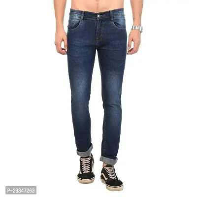 JINJLR Men's Blue Solid Light Fade  Clean Look Curved Pocket Denim Jeans-thumb0