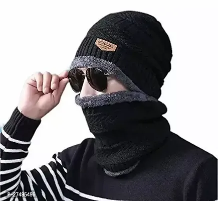 Stylish Black Woolen Cap With Neck Muffler For Men