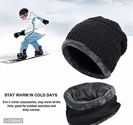 Stylish Black Woolen Cap With Neck Muffler For Men-thumb0