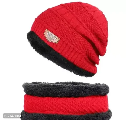 Stylish Red Woolen Cap With Neck Muffler-thumb0