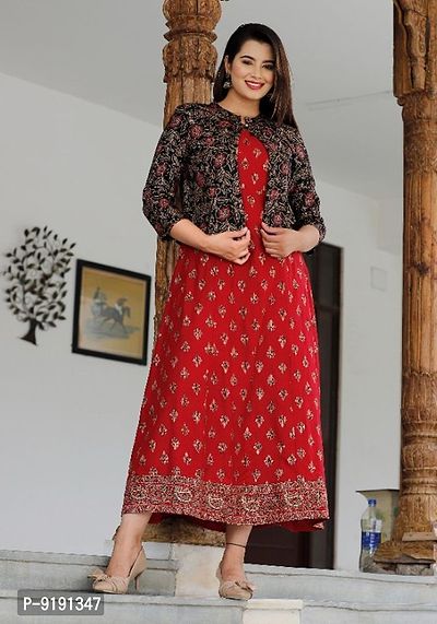 Classic Viscose Rayon Printed Kurta with Jacket for Women-thumb5