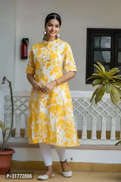 Stylish Yellow Cotton Slub Kurta For Women-thumb0