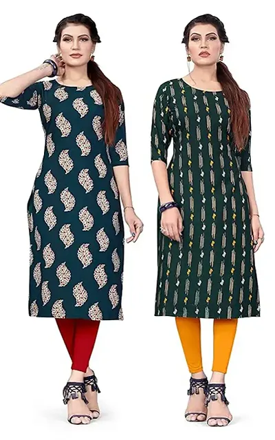 Hirlax Crepe 2 Combo Kurti for Women - Stylish Straight Kurti for Girls, Long Kurti with 3/4 Long Sleeves, Trendy Kurtis for Daily, Regular for Ladies