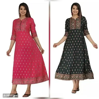 Anarkali  Printed Rayon Kurta For Women Pack Of 2