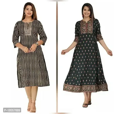 Anarkali  Printed Rayon Kurta For Women Pack Of 2