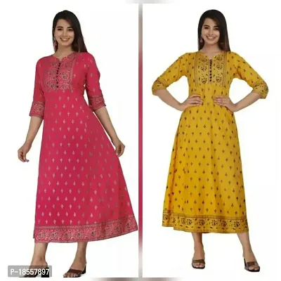 Anarkali  Printed Rayon Kurta For Women Pack Of 2