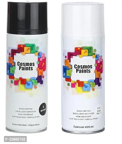 Cosmos Paints Matt Black  Matt White Spray Paint 400 ml (Pack of 2)