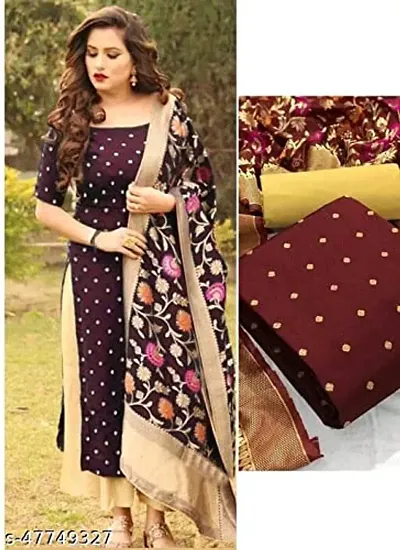 Taffeta Silk Zari Woven Dress Material With Dupatta