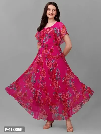 Pink Georgette Digital Printed Ethnic Gowns For Women