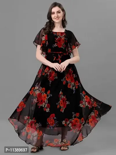 Flower Printed Georgette Stitched Anarkali Gown  (Black)-thumb0