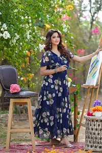 Beautiful Navy Blue Georgette Printed Maxi Length Dress For Women-thumb1