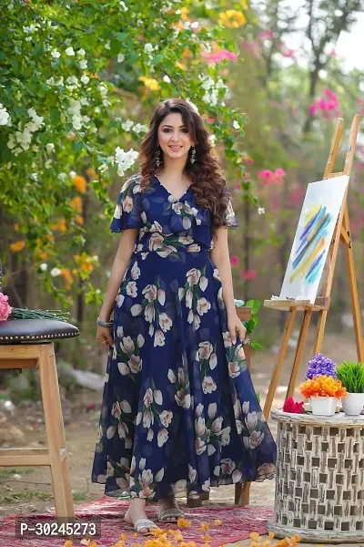 Beautiful Navy Blue Georgette Printed Maxi Length Dress For Women-thumb0