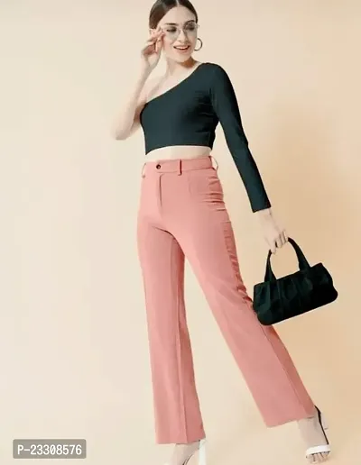 Elegant Peach Lycra Solid Trousers For Women