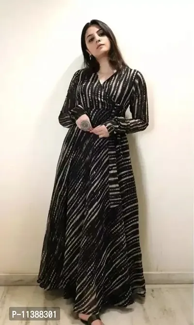 Black Georgette Striped Ethnic Gowns For Women