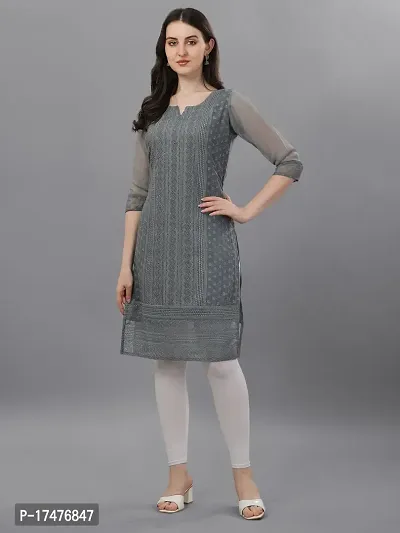 Grey Georgette Chikan Embroidery Kurtas For Women-thumb2