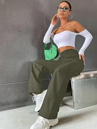 Trendy Olive Cotton High Waist with Pockets Cargo Pants for Women-thumb1