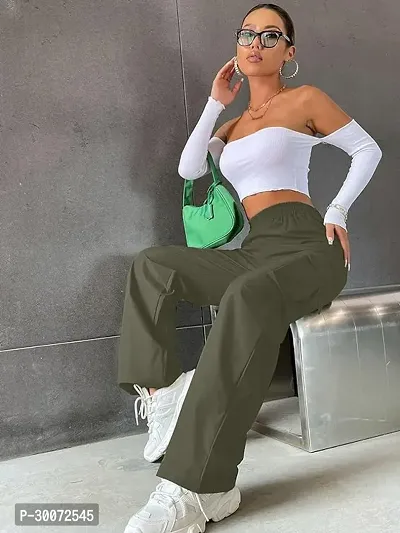 Trendy Olive Cotton High Waist with Pockets Cargo Pants for Women-thumb2