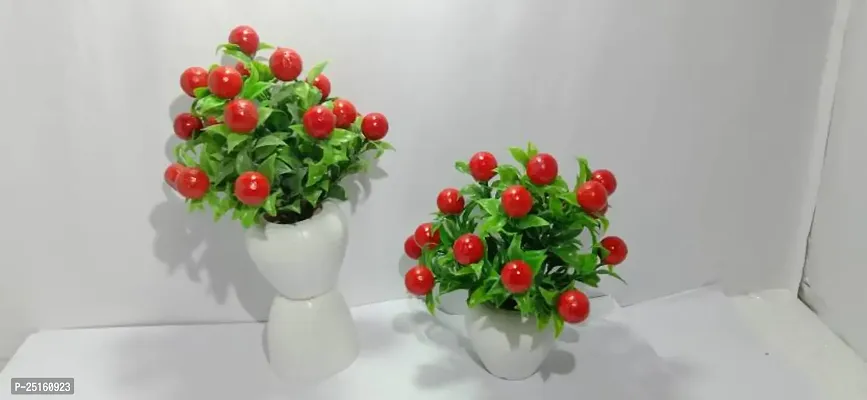 Elegant Red, Green Cherry Artificial Flower With Pot Pack of 1
