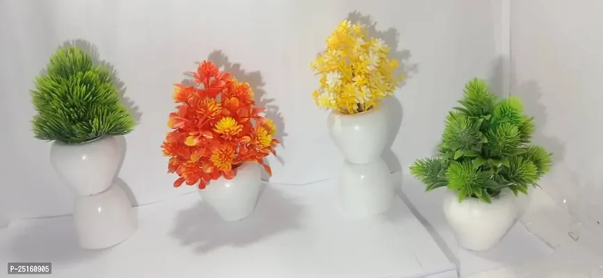 Elegant Orange, Green, Yellow Eucalyptus Artificial Flower With Pot Pack of 4