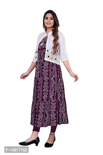 zokhi Women's Bandhani Printed Rayon Long Gown Kurti with Schiffli Jacket Koti for Women's Purple-thumb4