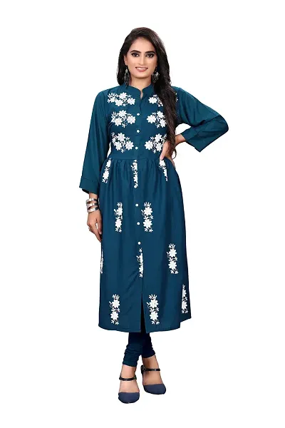 zokhi Rayon A-line Pleated Floral Embroidery Kurta Kurti for Women's