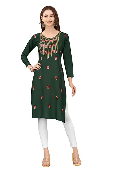 zokhi Women's Embroidered Rayon Straight Kurti