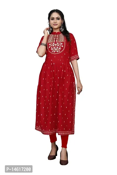 zokhi Women's Rayon Zari Butti Embroidery Flared Collar Kurti for Women's-thumb0