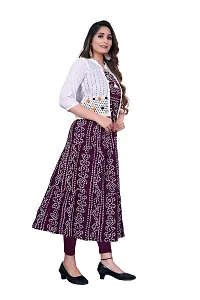 zokhi Women's Bandhani Printed Rayon Long Gown Kurti with Schiffli Jacket Koti for Women's Purple-thumb2