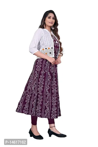 zokhi Women's Bandhani Printed Rayon Long Gown Kurti with Schiffli Jacket Koti for Women's Purple-thumb3
