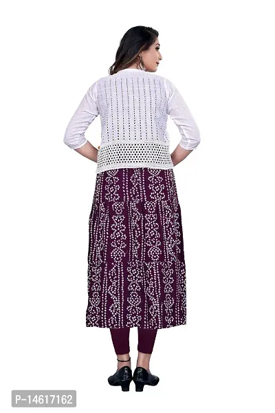 zokhi Women's Bandhani Printed Rayon Long Gown Kurti with Schiffli Jacket Koti for Women's Purple-thumb2